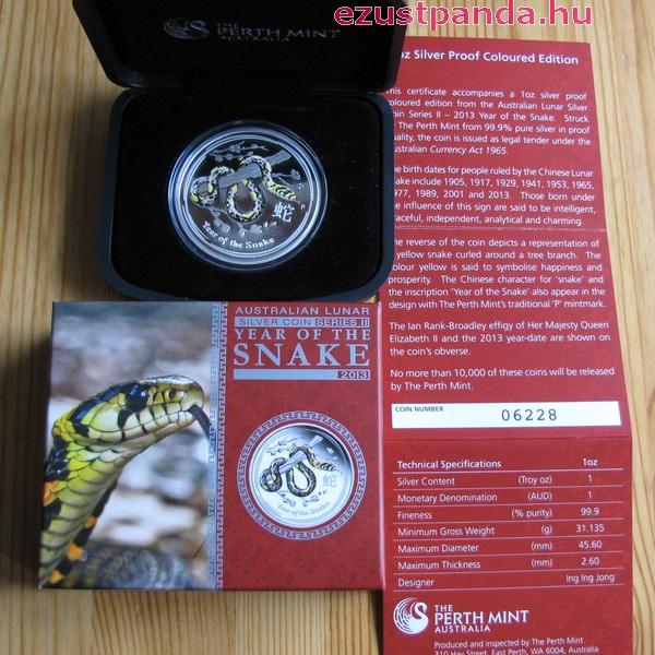 Lunar2 Kígyó éve 2013 1 uncia színes proof ezüst pénzérme Lunar2 Kígyó éve 2013 1 uncia színes proof ezüst pénzérme