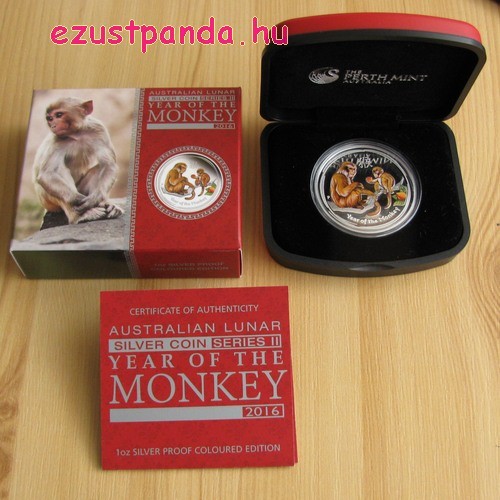 Lunar2 Majom éve 2016 1 uncia színes proof ezüst pénzérme Lunar2 Majom éve 2016 1 uncia színes proof ezüst pénzérme