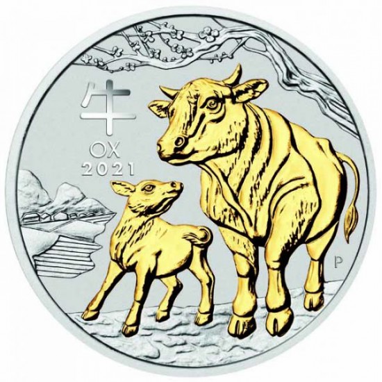 Lunar3 Bivaly éve 2021 1 uncia aranyozott ezüst pénzérme