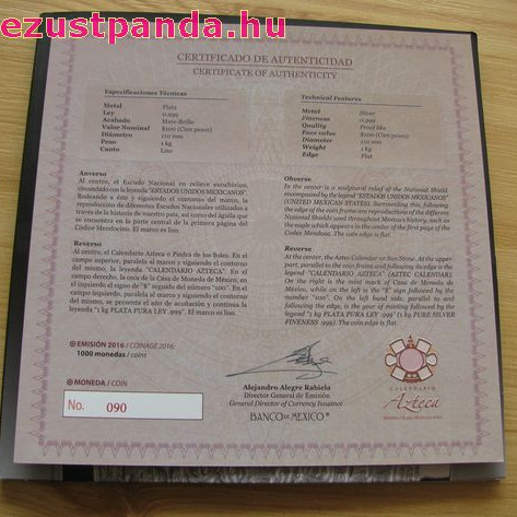 Azték naptár / Aztec Calendar 2016 1 kg proof ezüst pénzérme Mexikó