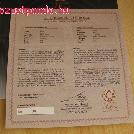 Azték naptár / Aztec Calendar 2015 1 kg proof ezüst pénzérme Mexikó