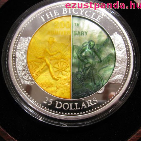 Kerékpár 200 éves - 5 uncia 2017 proof ezüst pénzérme gyöngyházzal Kerékpár 200 éves - 5 uncia 2017 proof ezüst pénzérme gyöngyházzal