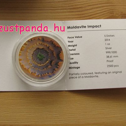 Moldavit meteorit 2014 proof ezüst pénzérme meteoritdarabkával