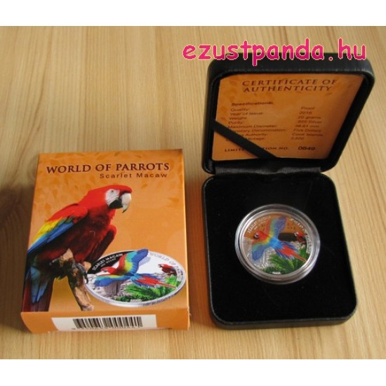 Papagájok világa -  Vörös ara 2016 3D proof ezüst pénzérme