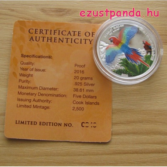 Papagájok világa -  Vörös ara 2016 3D proof ezüst pénzérme