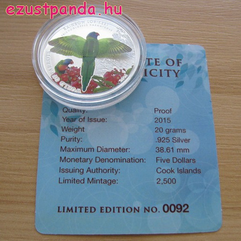 Papagájok világa - Szivárványlóri 2015 3D proof ezüst pénzérme Papagájok világa - Szivárványlóri 2015 3D proof ezüst pénzérme