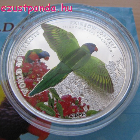 Papagájok világa - Szivárványlóri 2015 3D proof ezüst pénzérme Papagájok világa - Szivárványlóri 2015 3D proof ezüst pénzérme