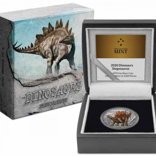 Stegosaurus - Niue 2020 1 uncia színes, antikolt ezüst pénzérme