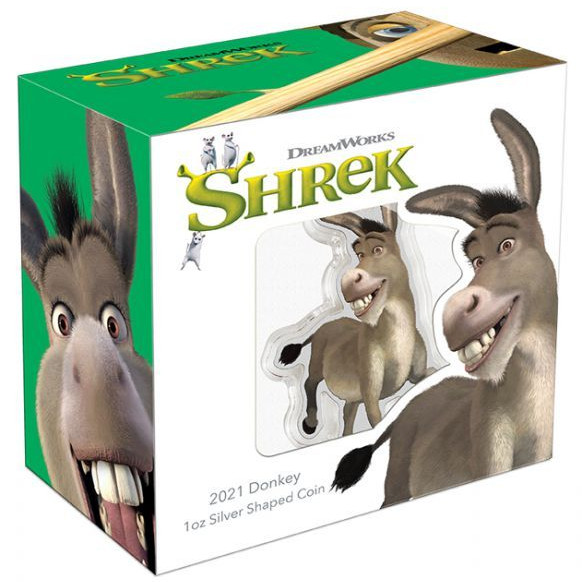 SHREK - Szamár Niue 2021 1 uncia színes, proof ezüst pénzérme - CSAK 1000 PÉLDÁNYBAN! SHREK - Szamár Niue 2021 1 uncia színes, proof ezüst pénzérme - CSAK 1000 PÉLDÁNYBAN!