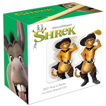 SHREK - Csizmás Kandúr Niue 2021 1 uncia színes, proof ezüst pénzérme - CSAK 1000 PÉLDÁNYBAN!