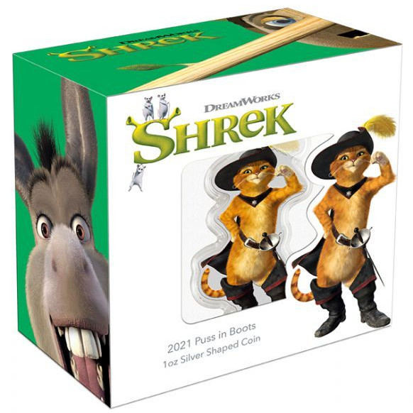 SHREK - Csizmás Kandúr Niue 2021 1 uncia színes, proof ezüst pénzérme - CSAK 1000 PÉLDÁNYBAN! SHREK - Csizmás Kandúr Niue 2021 1 uncia színes, proof ezüst pénzérme - CSAK 1000 PÉLDÁNYBAN!