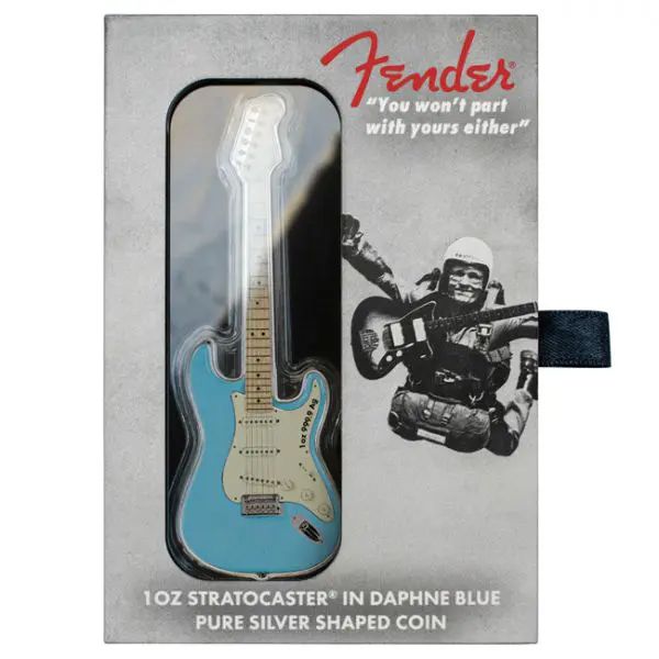 Fender Stratocaster gitár "Daphne Blue" 2023 1 uncia proof ezüst pénzérme - gitár alakú! Fender Stratocaster gitár "Daphne Blue" 2023 1 uncia proof ezüst pénzérme - gitár alakú!