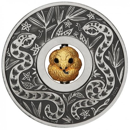 Kígyó - Tuvalu 2025 1 uncia antikolt ezüst pénzérme, forgó, aranyozott kígyóval