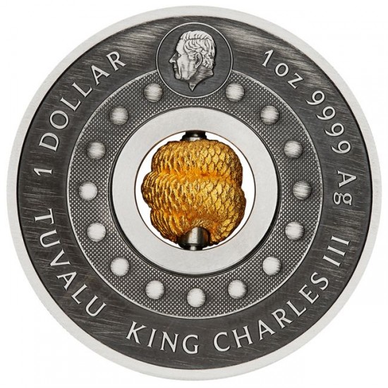 Kígyó - Tuvalu 2025 1 uncia antikolt ezüst pénzérme, forgó, aranyozott kígyóval