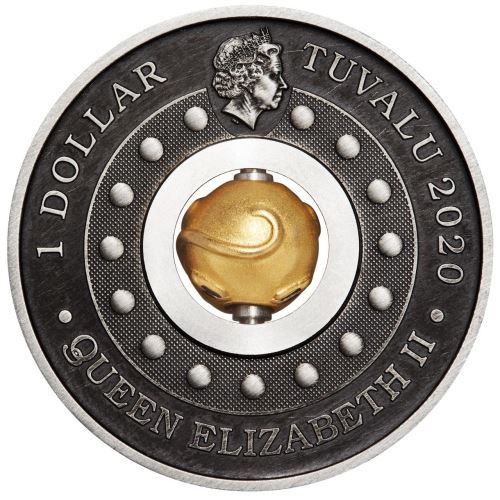 Egér éve - Tuvalu 2020 1 uncia antikolt ezüst pénzérme, forgó, aranyozott egérfejjel