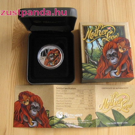 Anyai szeretet - Orangután 2014 1/2 uncia színes ezüst pénzérme Anyai szeretet - Orangután 2014 1/2 uncia színes ezüst pénzérme