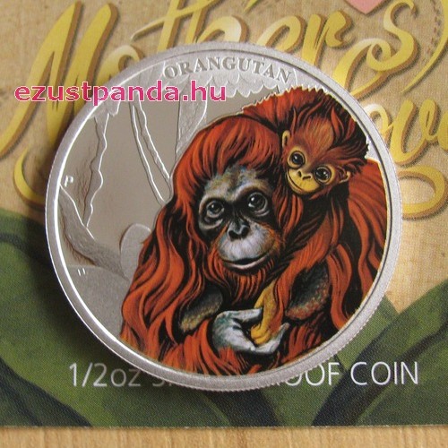 Anyai szeretet - Orangután 2014 1/2 uncia színes ezüst pénzérme Anyai szeretet - Orangután 2014 1/2 uncia színes ezüst pénzérme