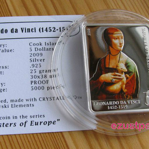 Festők - Da Vinci: Hölgy hermelinnel 2009 proof ezüst pénzérme Swarovski kristállyal