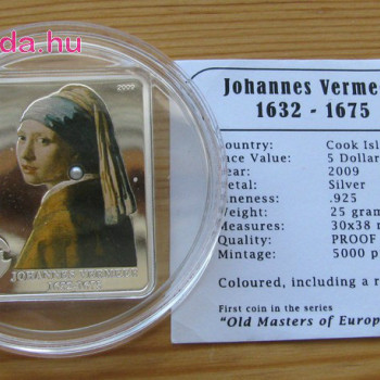 Festők - Vermeer: Lány gyöngy fülbevalóval 2009 proof ezüst pénzérme igazgyönggyel