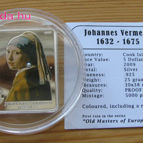 Festők - Vermeer: Lány gyöngy fülbevalóval 2009 proof ezüst pénzérme igazgyönggyel
